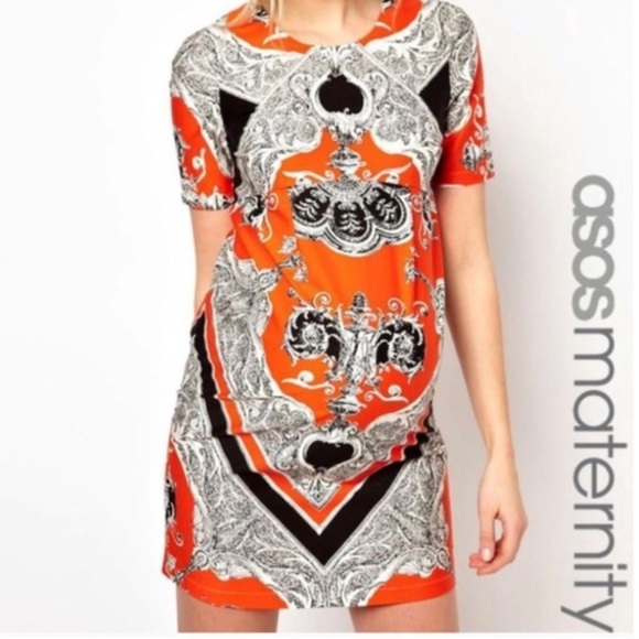 ASOS Maternity Black Orange Scarf Print Sheath Shift Dress Size 12 - Picture 3 of 10